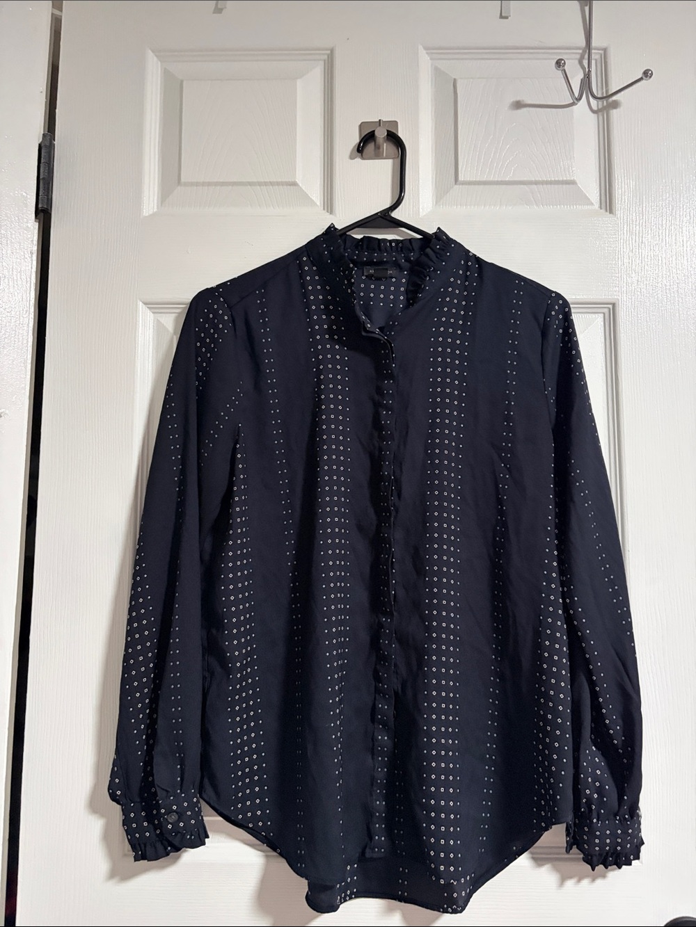 Ann Taylor Navy Diamond-Spot Ruffle Neck Blouse